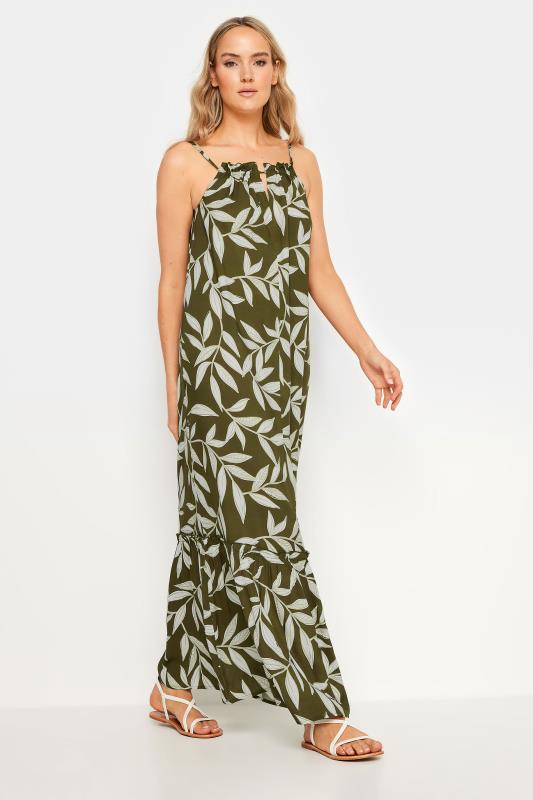 LTS Tall Women's Olive Green Leaf Print Ruched Neck Maxi Dress | Yours Clothing 1