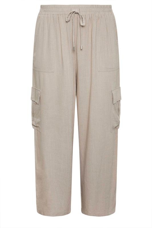 YOURS Plus Size Stone Brown Linen Wide Leg Cargo Trousers | Yours Clothing 6