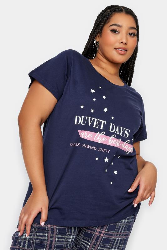 YOURS Plus Size Navy Blue 'Duvet Days' Slogan Check Print Pyjama Set | Yours Clothing 5