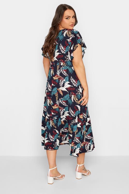YOURS Plus Size Navy Blue Leaf Print Frill Sleeve Wrap Maxi Dress | Yours Clothing 3