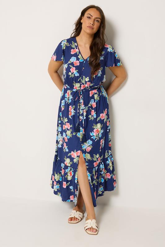  YOURS – Kleid mit Ärmeln in Blau mit Blumenmuster
