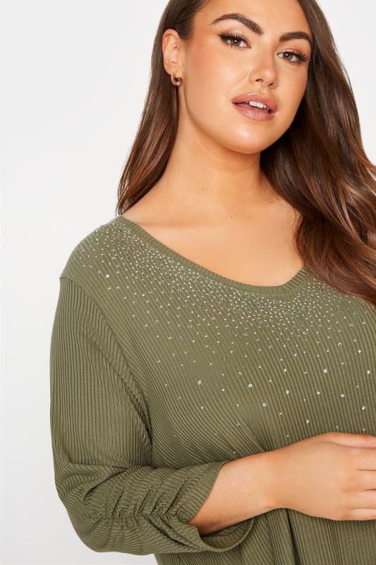 Plus Size Khaki Green Stud Embellished Top | Yours Clothing  4