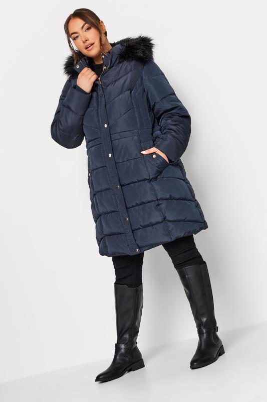YOURS Plus Size Navy Blue Midi Puffer Coat | Yours Clothing 2