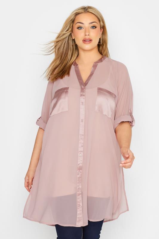 YOURS LONDON Plus Size Pink Satin Pocket Shirt | Yours Clothing 1