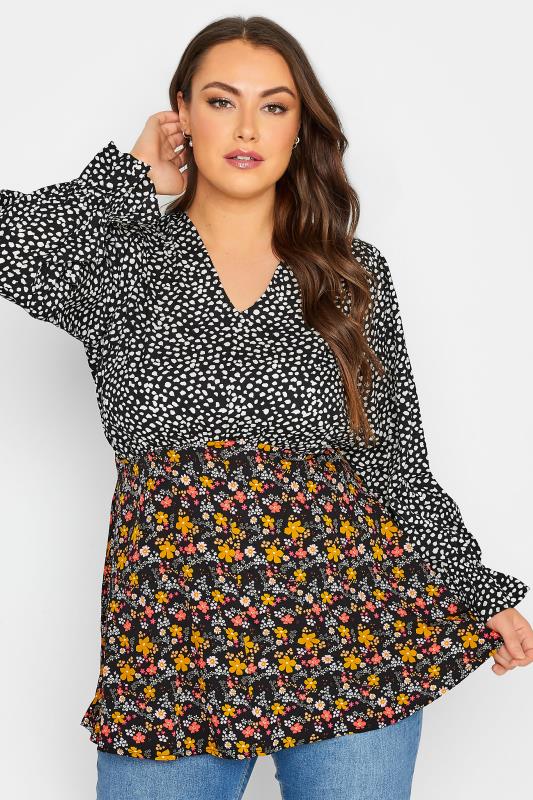 LIMITED COLLECTION Plus Size Black Dalmatian Floral Print Blouse | Yours Clothing 1