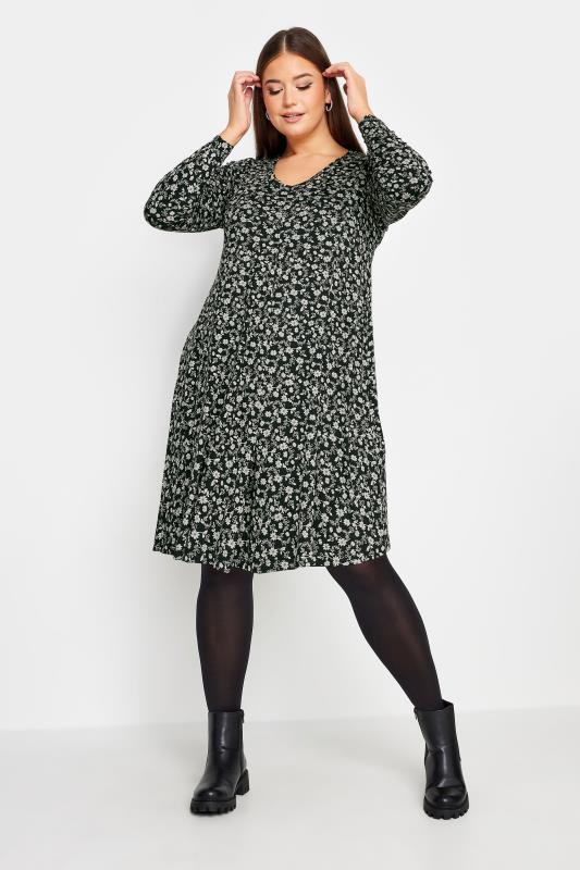 YOURS Plus Size Black Ditsy Floral Print Swing Dress | Yours Clothing
