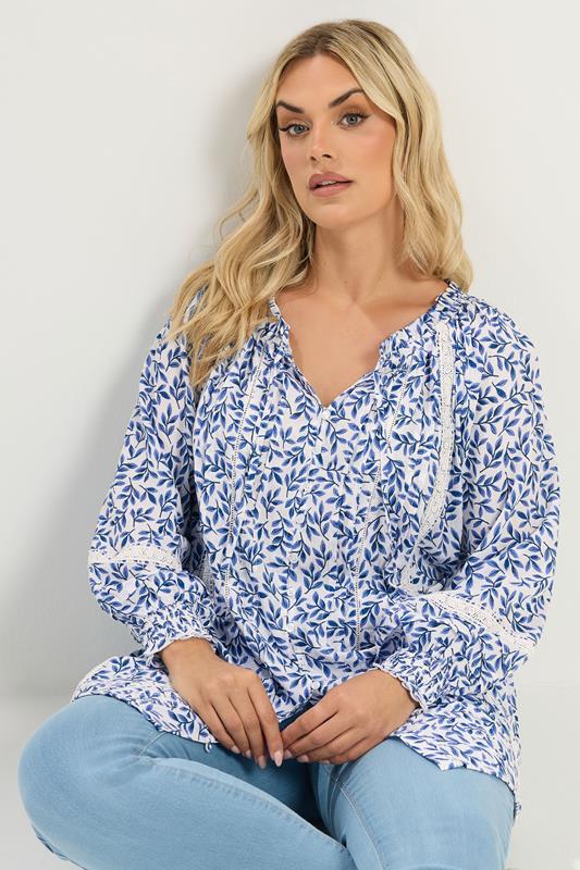 YOURS Plus Size Blue Leaf Pintuck Blouse | Yours Clothing 1