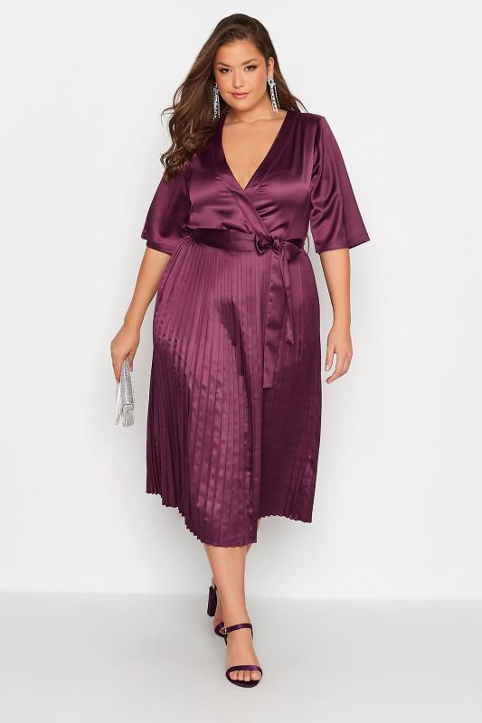 YOURS LONDON Plus Size Purple Satin Pleated Wrap Dress | Yours Clothing 1