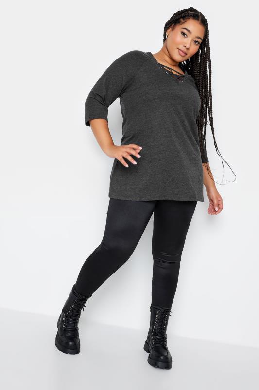 YOURS Plus Size 2 PACK Black & Charcoal Grey Lace Up Eyelet Tops | Yours Clothing 4