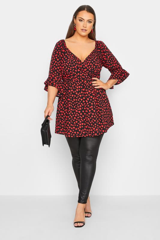 YOURS LONDON Plus Size Black Heart Ruffle Sleeve Wrap Top | Yours Clothing 2