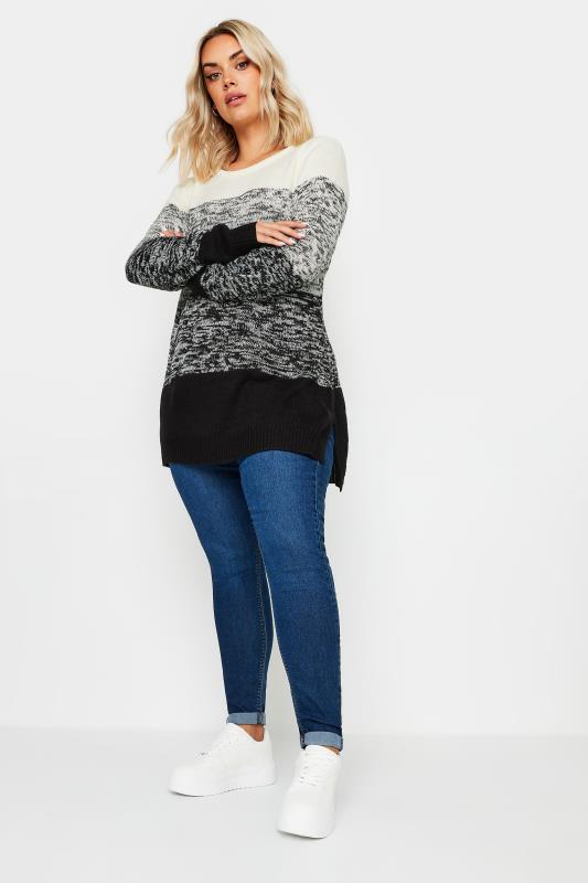 YOURS Plus Size Grey Colourblock Stripe Knitted Jumper | Yours Clothing 2