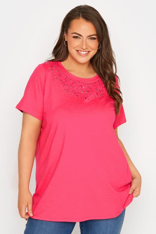 Curve Hot Pink Broderie Anglaise Neckline T-Shirt 1