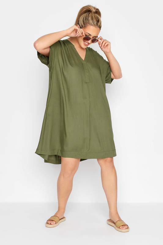 LIMITED COLLECTION Khaki Notch Neck Summer Throw On Dress | Yours Clothing 1