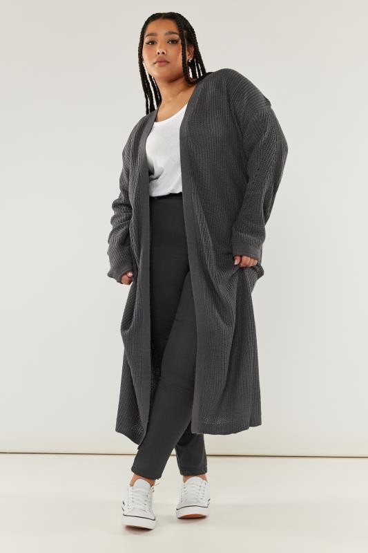 YOURS Plus Size Charcoal Grey Knitted Maxi Cardigan | Yours Clothing 1