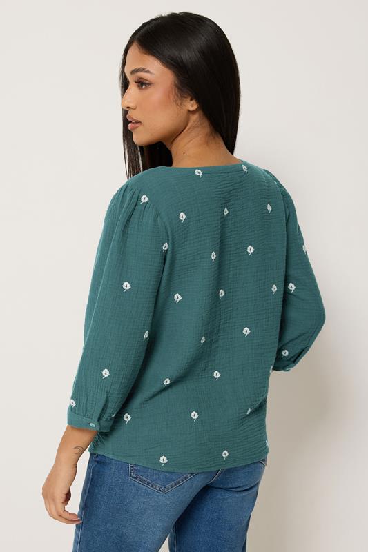 M&Co Petite Teal Blue Floral Embroidered Cotton Blouse | M&Co 2