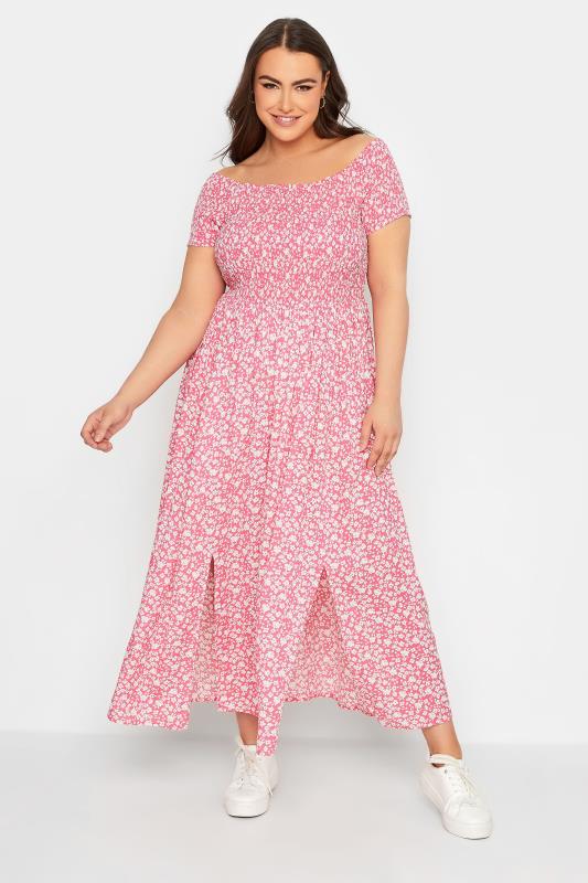 YOURS Plus Size Pink Ditsy Floral Bardot Maxi Dress | Yours Clothing 2