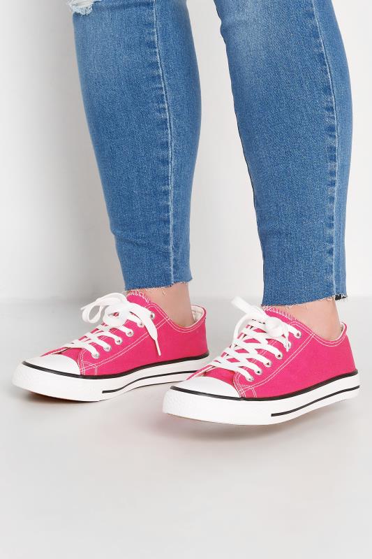 Bright Pink Canvas Low Trainers In Wide E Fit | Yours Clothing  1