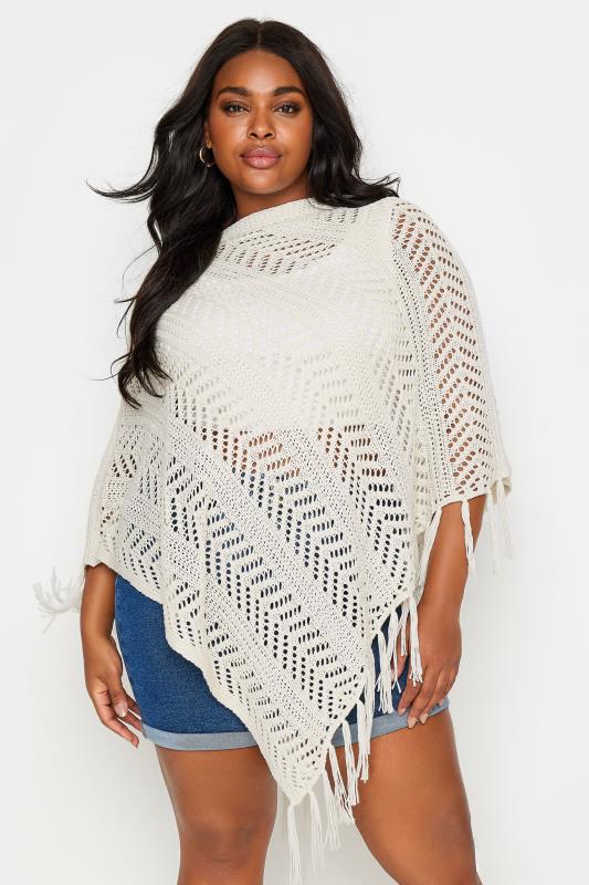 YOURS Plus Size Cream Pointelle Knitted Poncho | Yours Clothing 3