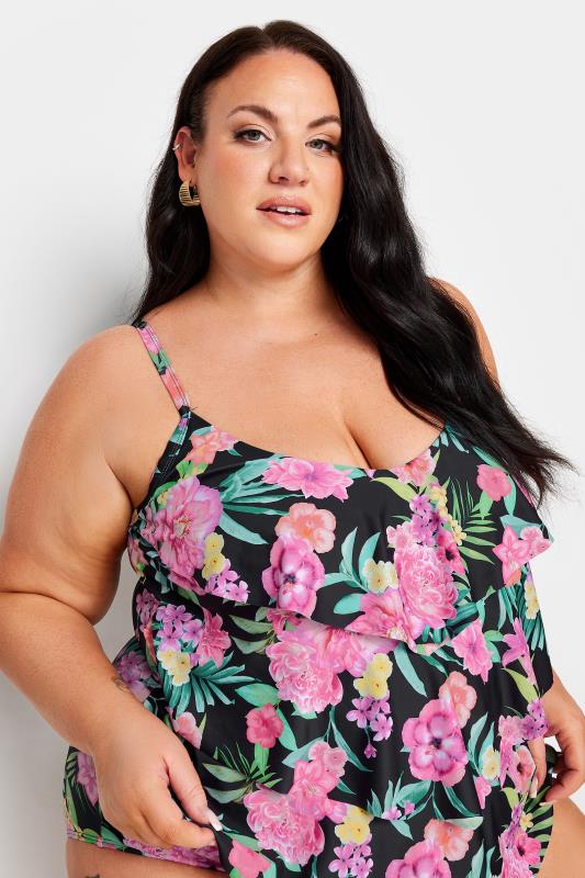 YOURS Plus Size Black Floral Print Frill Tummy Control Swimsuit | Yours Clothing 5
