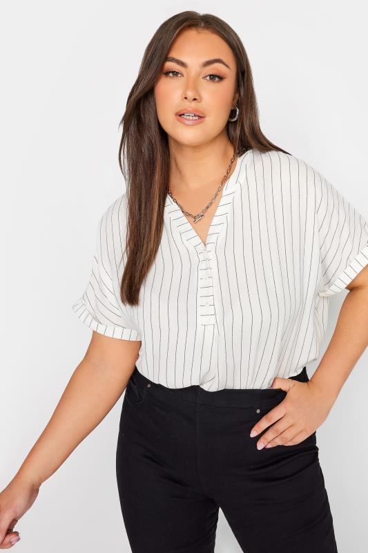 YOURS Curve Plus Size White Half Placket Stripe Blouse | Yours Clothing