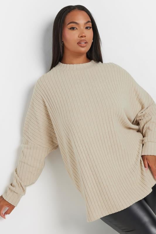 YOURS Plus Size Natural Brown Ribbed Soft Touch Jumper | Yours Clothing 1