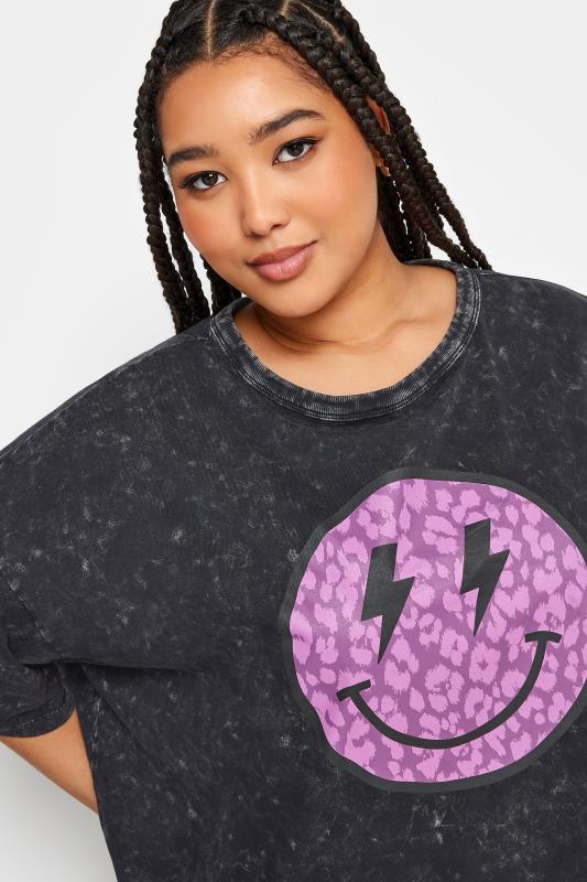 YOURS Curve Plus Size Charcoal Grey & Black Leopard Print Smiley Face T-Shirt | Yours Clothing  6