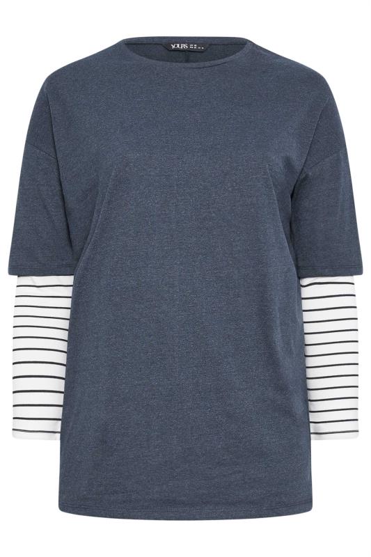 YOURS Plus Size Navy Blue Stripe Sleeve Double Layer T-Shirt | Yours Clothing 4
