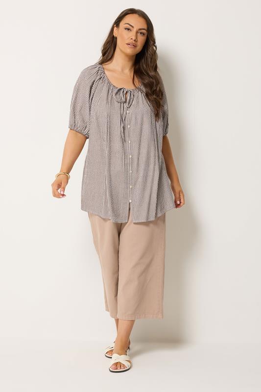 YOURS Plus Size Brown Stripe Print Puff Sleeve Blouse | Yours Clothing 1