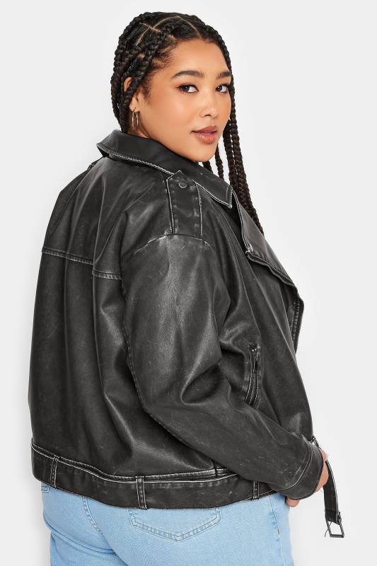 YOURS Plus Size Black Washed Faux Leather Biker Jacket | Yours Clothing 4