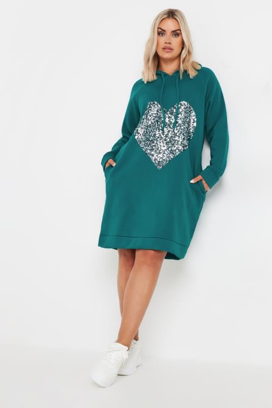  Tallas Grandes YOURS Curve Teal Blue Sequin Embellished Heart Hoodie Dress