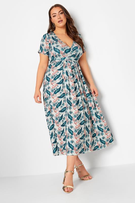 YOURS Curve Blue Leaf Print Maxi Wrap Dress | Yours Clothing  2