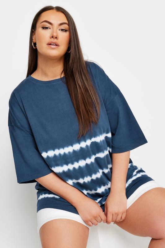 YOURS Plus Size Navy Blue Tie Dye Boxy T-Shirt | Yours Clothing 1