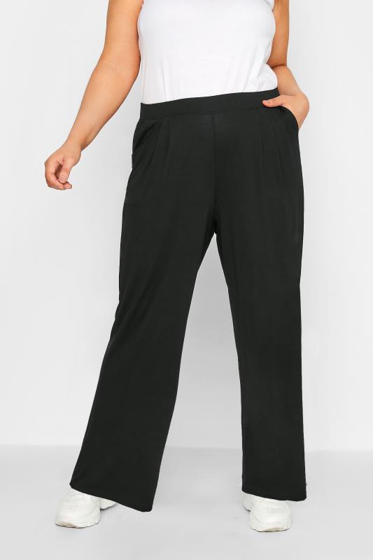 YOURS Curve Plus Size Black Pleated Wide Leg Stretch Trousers | Yours Clothing  1