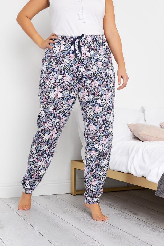 LTS Tall Women's Navy Blue Summer Floral Cuffed Pyjama Cotton Bottoms | Long Tall Sally 1