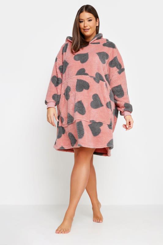 YOURS Plus Size Pink & Grey Heart Print Snuggle Hoodie | Yours Clothing 3