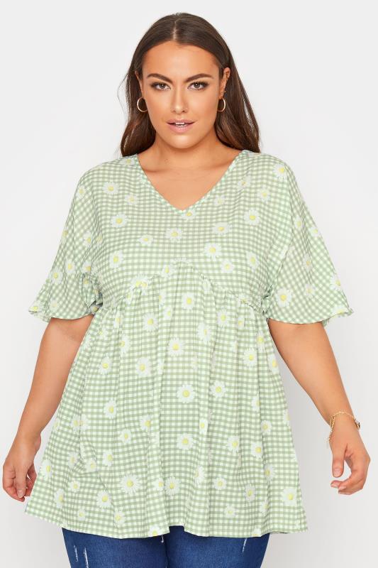 LIMITED COLLECTION Curve Sage Green Gingham Floral Kimono Top_A.jpg