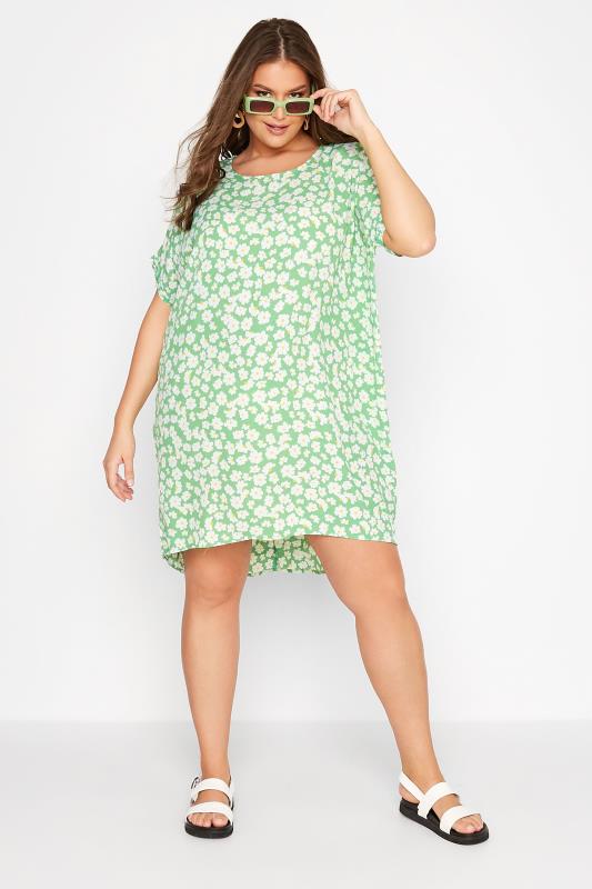 Curve Green Floral Print Dipped Hem Shift Tunic Dress Size 16-32 1