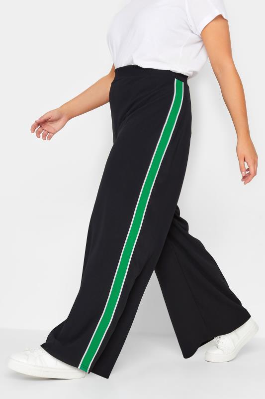 YOURS PETITE Plus Size Black & Green Side Stripe Wide Leg Trousers | Yours Clothing 1