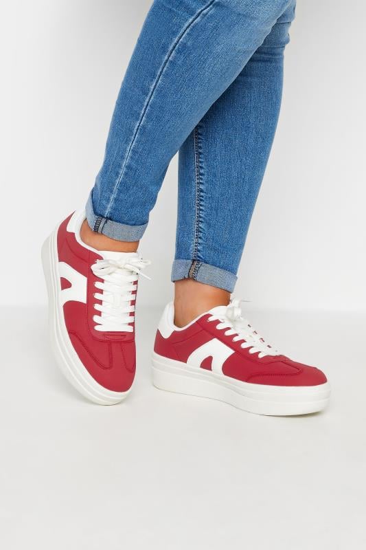  Grande Taille Red Retro Platform Trainers In Wide E Fit