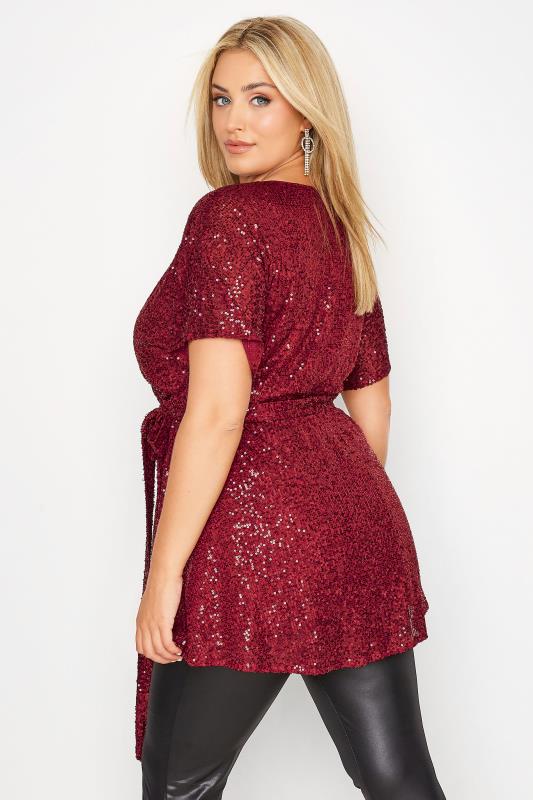 YOURS LONDON Plus Size Wine Red Sequin Embellished Wrap Top | Yours Clothing 3