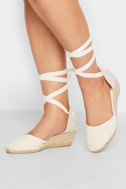  Tallas Grandes White Crochet Lace Up Espadrille Wedges In Wide E Fit & Extra Wide EEE Fit