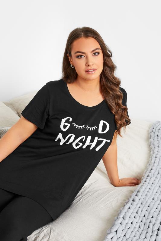Plus Size Black 'Goodnight' Slogan Pyjama Set | Yours Clothing 4
