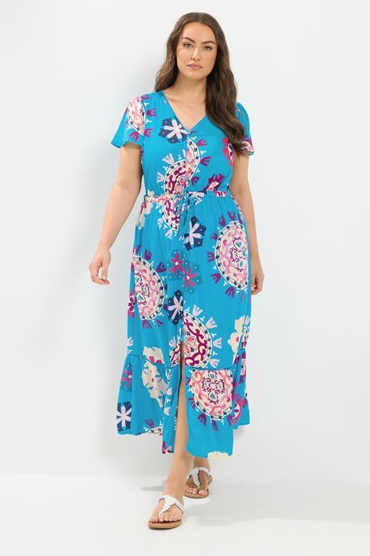 YOURS Plus Size Blue Block Print Dress | Yours Clothing 1
