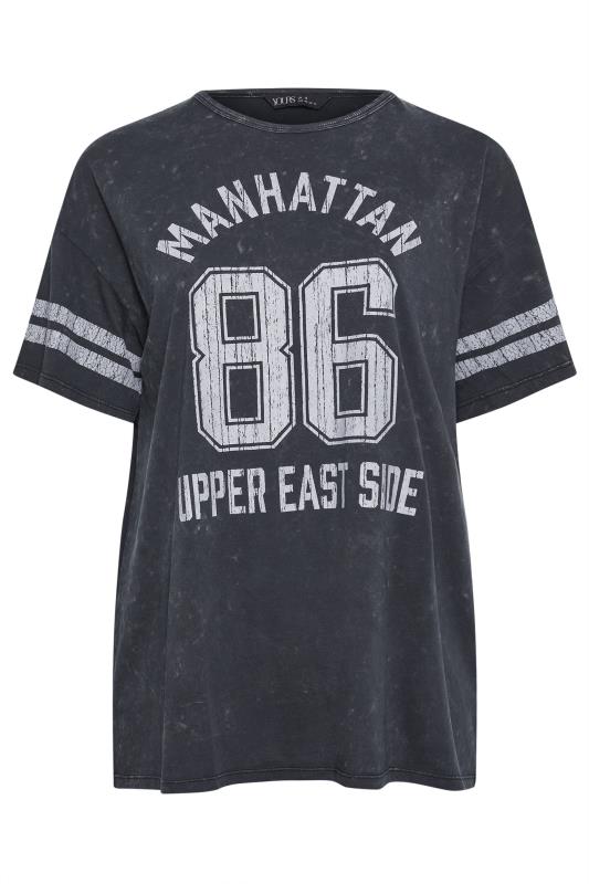 YOURS Plus Size Charcoal Grey 'Manhattan' Slogan Acid Wash Varsity T-Shirt | Yours Clothing 6