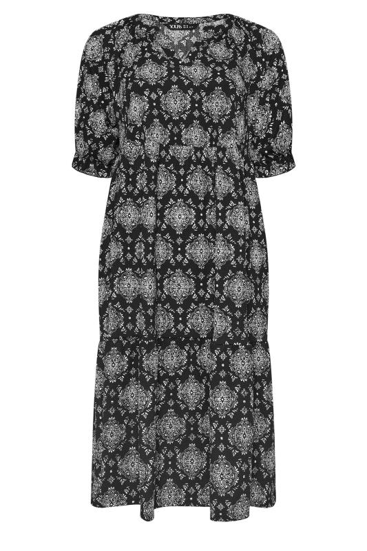 YOURS Plus Size Black Tile Print Tiered Midi Dress | Yours Clothing 5