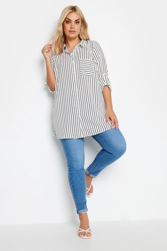 YOURS Curve Plus Size White & Black Stripe Print Boyfriend Shirt | Yours Clothing  1