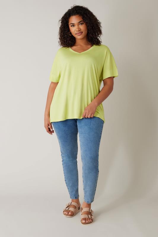 EVANS Plus Size Chartreuse Green V-Neck Modal Rich T-Shirt | Evans 2