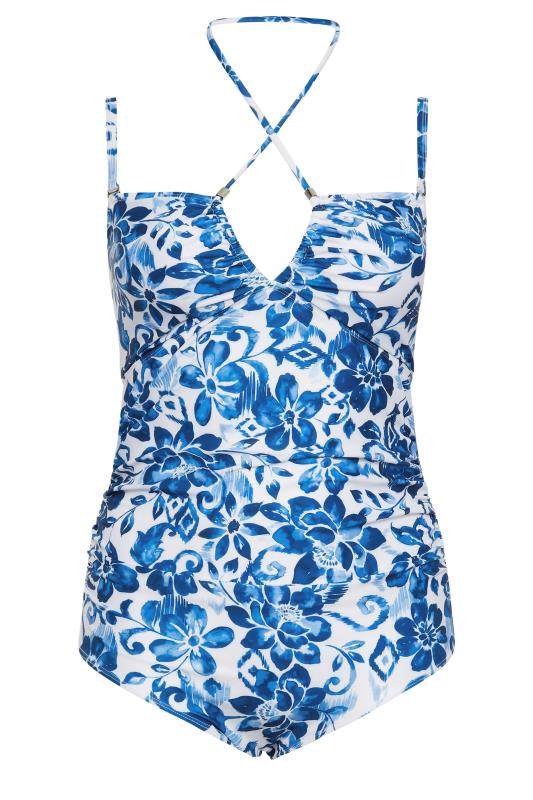 YOURS Curve Plus Size Blue Floral Print Cross Tummy Control Swimsuit | Yours Clothing  13