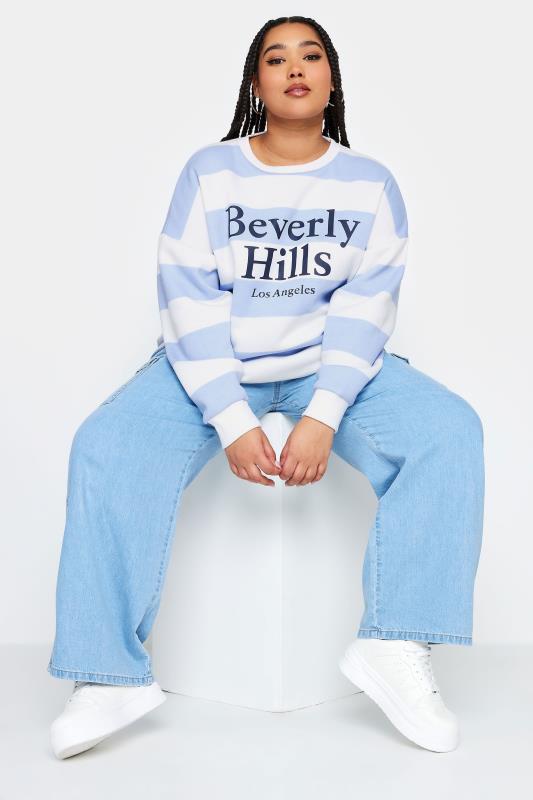 YOURS Plus Size Blue Stripe 'Beverly Hills' Slogan Sweatshirt | Yours Clothing 3