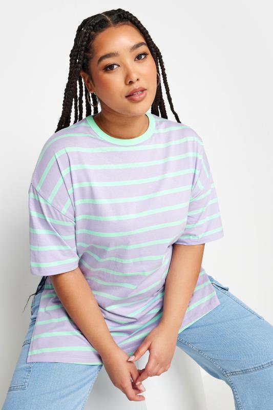  YOURS Curve Purple & Green Stripe Split Hem Oversized T-Shirt
